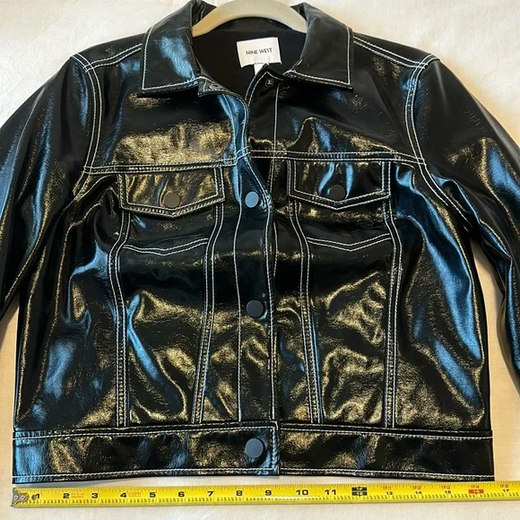 NWOT Nine West Faux Leather Biker Jacket in Black with White stitching Size S - Picture 8 of 13